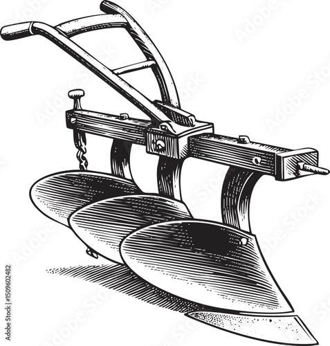vintage plow rests on a wooden frame ready for use.