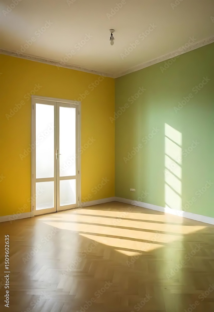 Obraz premium Sunlit Room with Yellow and Green Walls and Herringbone Hardwood Flooring