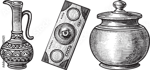 vintage ceramic pitcher a stack of currency and a decorative stoneware jar sit on a surface.