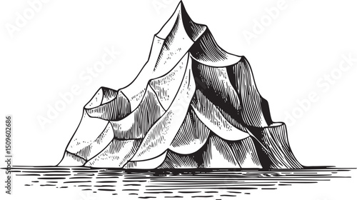 stark detailed ink drawing depicts a large isolated rock formation rising dramatically from the dark ocean.