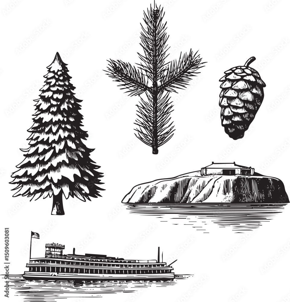 Naklejka premium detailed black and white depicts a large evergreen tree a pine branch a cone and a rocky island with a small building.