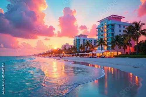Vibrant Miami Beach sunrise, pastel Art Deco buildings reflecting in calm ocean water Perfect for travel, vacation, and holiday marketing Luxury, tropical getaway vibes , south beach, vacation, sky