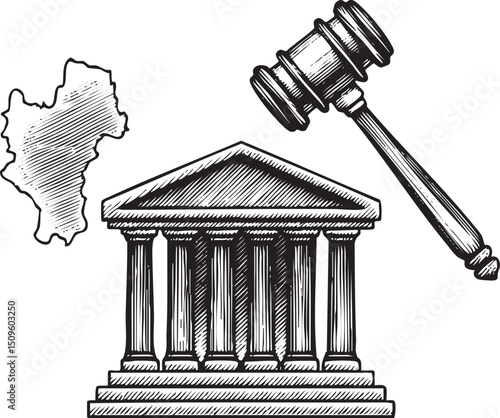 black and white depicts a courthouse building a map outline and a gavel.