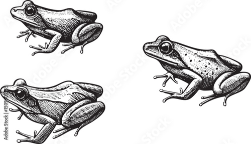Four black and white frogs are depicted in a detailed style.
