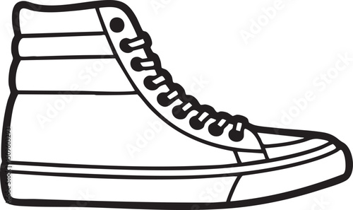 high-top sneaker stands upright on a white surface.