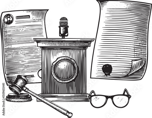 vintage microphone rests atop legal documents alongside a gavel and spectacles.