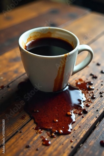 Close-up of a broken coffee cup, scattered pieces on a wooden table, dark coffee spilled, suggesting an accident or mishap , coffee, still life, fragments