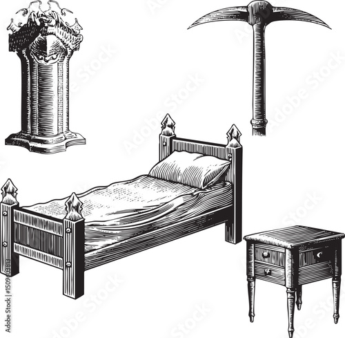 detailed black and white depicts a vintage bed with ornate detailing a bedside table and a tall decorative pillar.