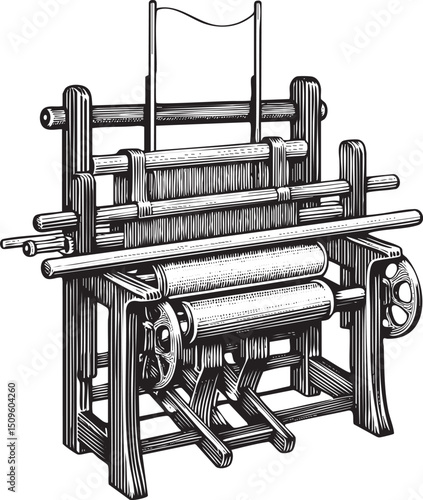 vintage loom stands upright displaying intricate wooden beams and a rotating shuttle.