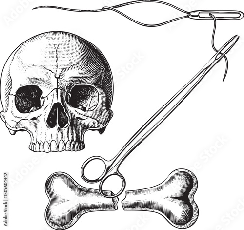 detailed skull rests upon a broken bone accompanied by a surgical .