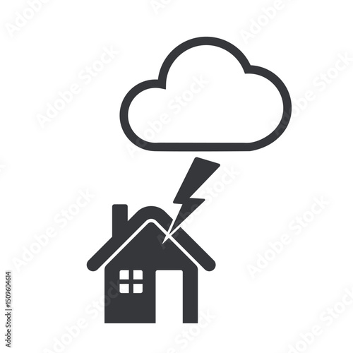 Isolated pictogram of house struck by lightning, warning of thunderstorm danger during rainy season, reminder to go indoors safely.