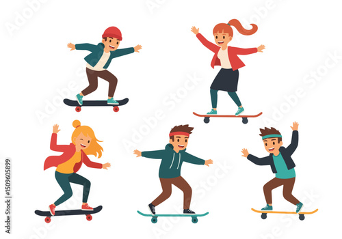 Skateboarding Fun: A group of skateboarders enjoys a sunny day, their joy and skill on full display as they glide and perform tricks on their skateboards, showcasing energy and lifestyle.