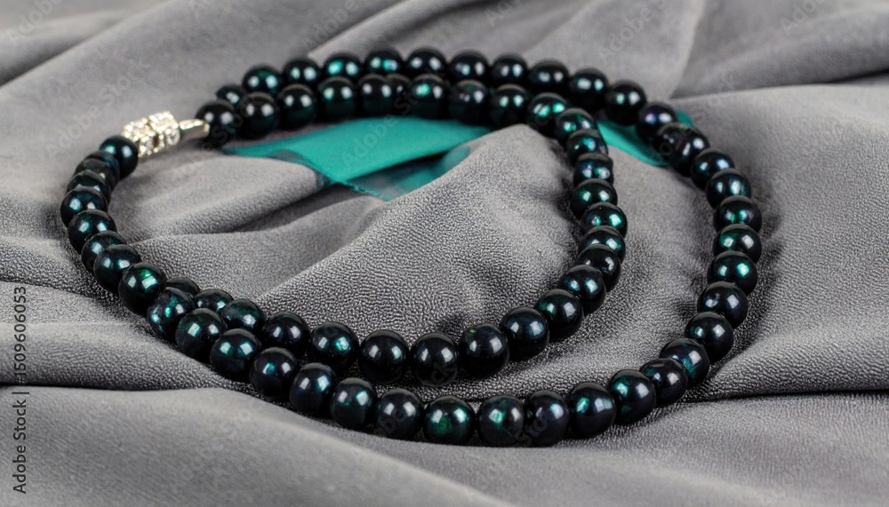 Fototapeta premium Dark Green Pearl Necklace On Fabric