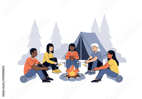 Campfire Harmony: A group of individuals of diverse backgrounds is gathered around a crackling campfire in a serene outdoor setting, immersed in the camaraderie of a camping experience.