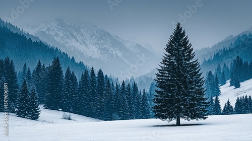Solitary pine tree in a snowy mountain valley.