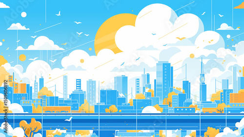 現実と仮想の境界を漂うデジタル都市｜淡いグラデーションの空に沈む巨大な太陽とビル群が織りなす、ノスタルジックな近未来の風景イラスト