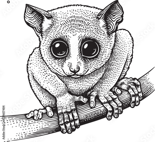 small primate clings to a branch gazing intently.