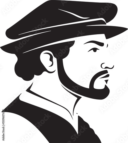 distinguished man wears a peaked cap and gazes thoughtfully upwards.