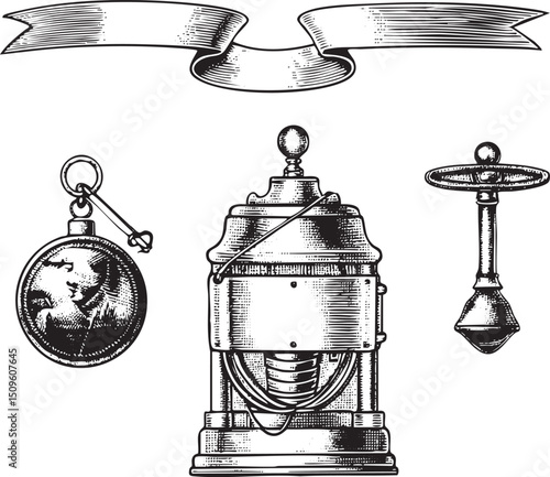 vintage mechanical compass a grinding mill and a decorative ribbon adorn a stark white background.