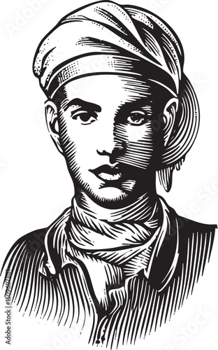 young man wears a patterned headscarf and a simple shirt.