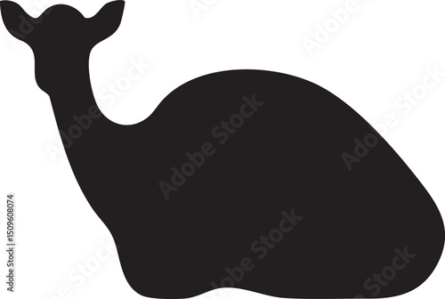 dark silhouette of a deer rests peacefully on a white background.