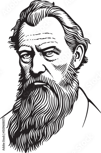 distinguished man with a long flowing beard gazes intently forward.