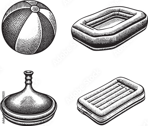 black and white depicts a beach ball an inflatable raft a decorative vase and a rectangular air mattress.