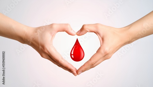Support blood donation awareness with this image showing hands in a heart shape and a blood drop symbolizing giving and saving lives.