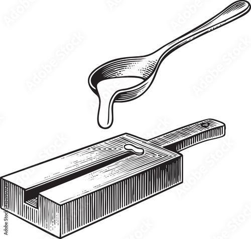 wooden block holds a glistening spoonful of honey.