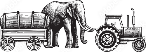 large grey elephant pulls a wooden cart alongside a vintage tractor.