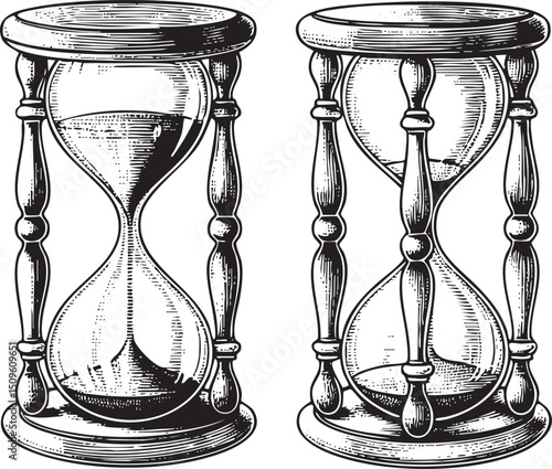 Two antique hourglasses stand upright displaying their sand-filled interiors.