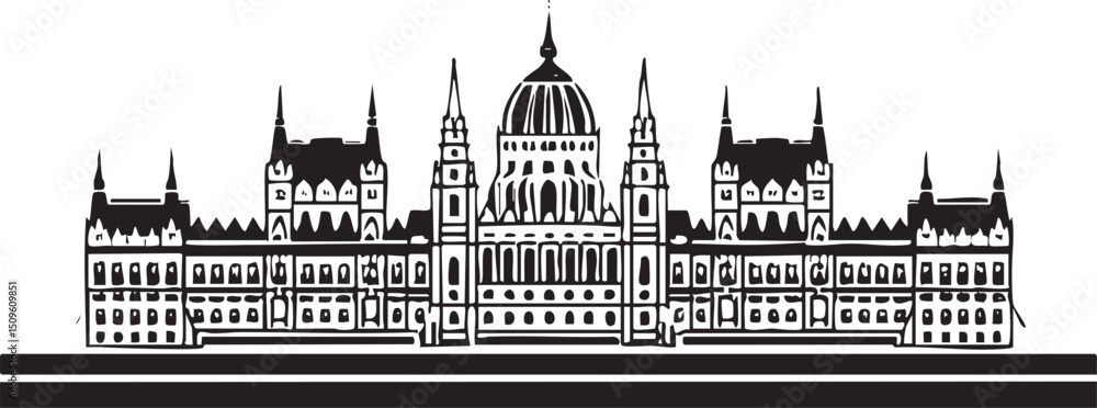 Obraz premium stark black and white silhouette depicts a governmental building with multiple towers.