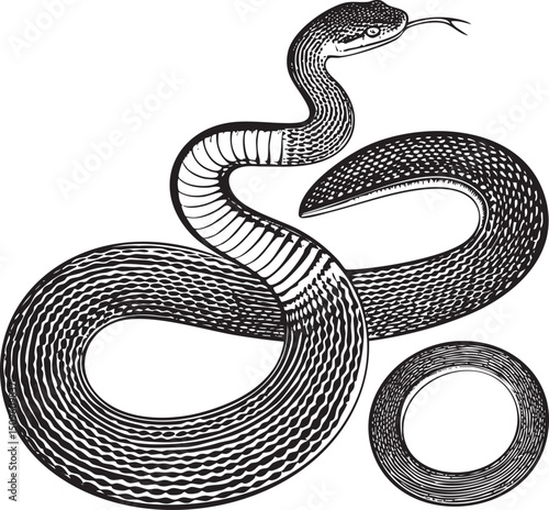 sleek black snake gracefully curves around a circular form.