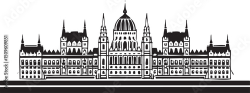 stark black and white silhouette depicts a governmental building with multiple towers.