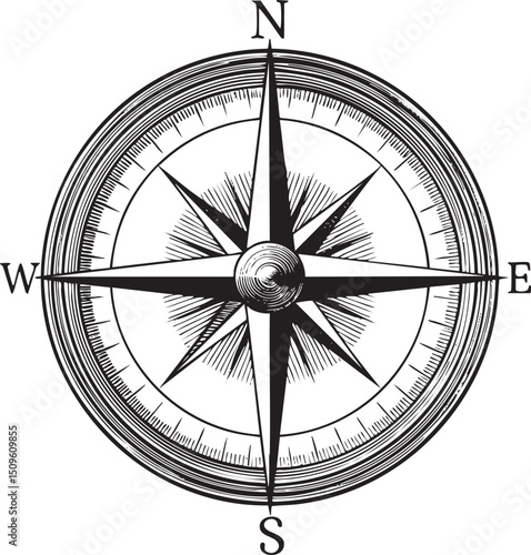 detailed black and white compass rose displays directional markings.