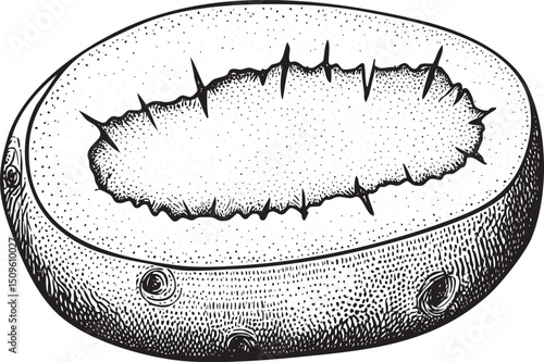 detailed black and white depicts a halved coconut with prominent ridges.