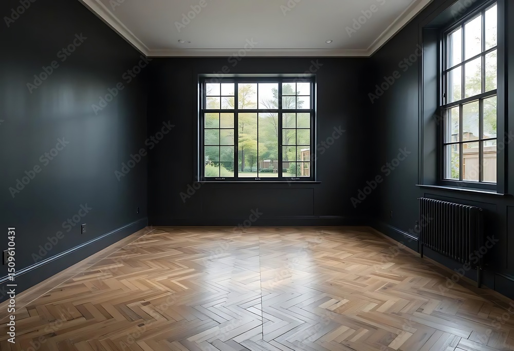 Obraz premium Elegant dark interior featuring parquet floors and windows with natural light