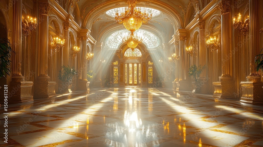 Obraz premium Grand opulent hallway with golden accents, sunlight streaming through arched doorways