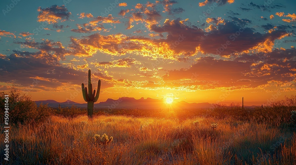Fototapeta premium Dramatic desert sunset with saguaro cactus