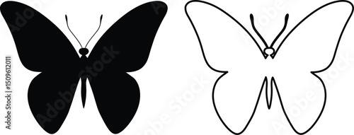 Butterfly Silhouette and Outline Illustration on White Background for Design