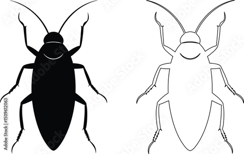 Cockroach Silhouette and Outline Illustration on White Background