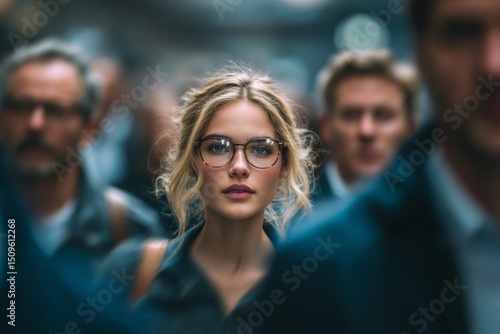 Blurred photo of business people in motion, a young blonde woman with glasses standing out from the crowd, a busy street background