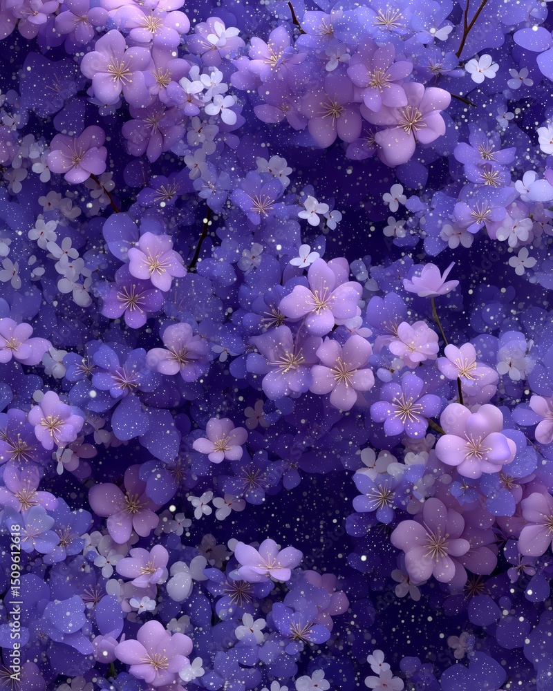 Floral pattern featuring purple and white blossoms on a dark background. Floral pattern featuring purple and white blossoms on a dark background.