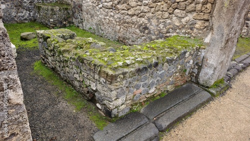 Fototapeta Naklejka Na Ścianę i Meble -  Pompeii, Italy - 8 January 2025. Moss-covered stone foundations of a small room at Pompeii, with volcanic rock walls and worn pavement typical of Roman ruins, near a sidewalk along an ancient street.