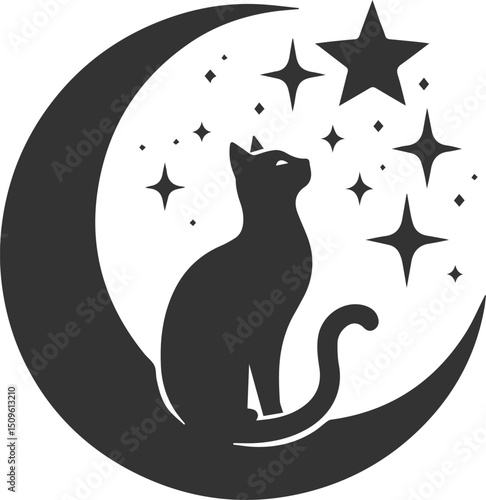 A cute cat sitting on moon black vector animal silhouette drawing