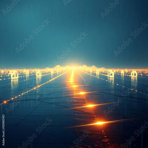 Wet Rainy Abstract Digital Landscape with Glowing Grid and Reflective Surfaces

