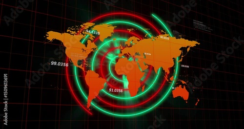 Start orange world map appearing with pulsing glow, rings, moving arcs, fading labels showing data
