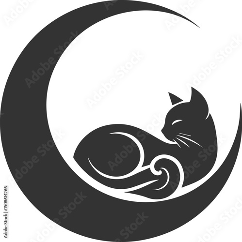 A cute cat sitting on moon black vector animal silhouette drawing