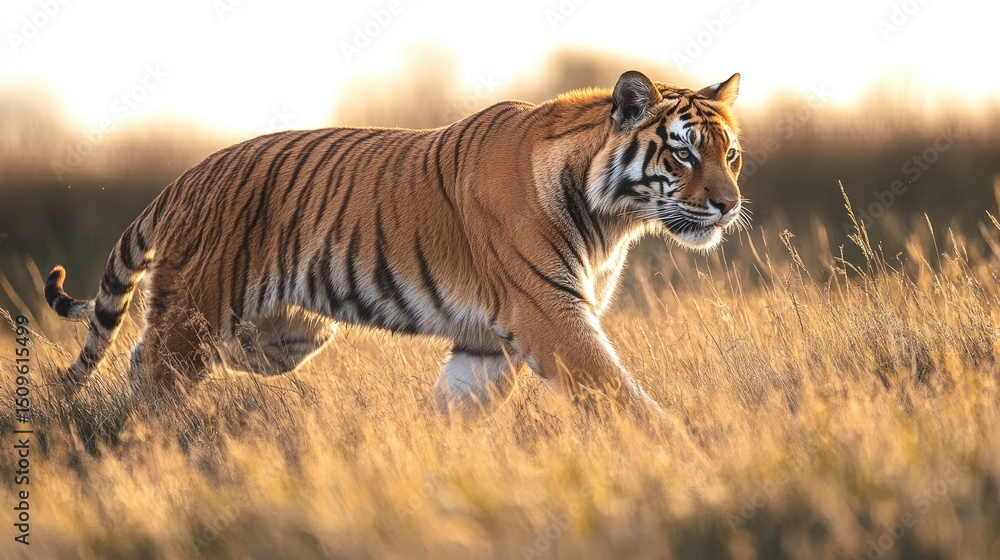 Fototapeta premium A regal Bengal tiger walking through tall grass, golden hour lighting, soft focus on background, ultra-detailed fur texture, minimal distractions, professional wildlife photography 