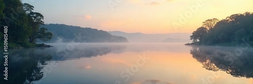 Wallpaper Mural Serene waterfront scene at dawn, mist clinging to the calm water, reflecting the soft morning light on the tranquil surface Ideal for travel, nature, and serenity themes , breathtaking, sunrise Torontodigital.ca